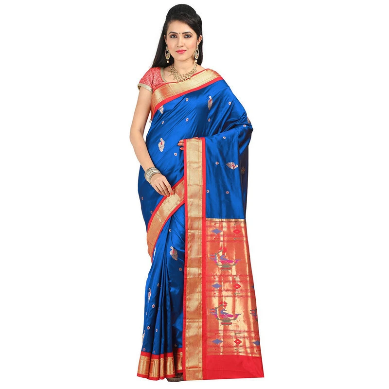 Paithani Pure Silk Royal Blue and Red Border Meena Butta Saree with Silk Mark