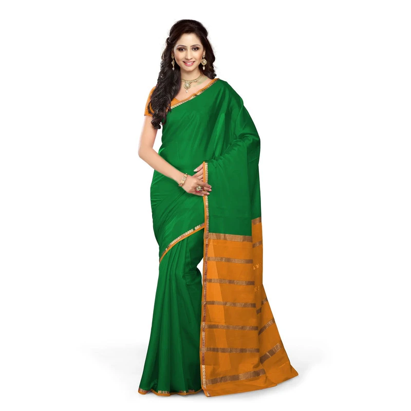 Pure Mysore Silk Saree in Leaf Green and Orange Contrast Mango Border