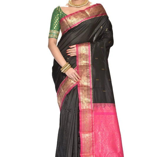 Traditional Kanchipuram Pure Silk Saree in Black with Rani Pink Contrast