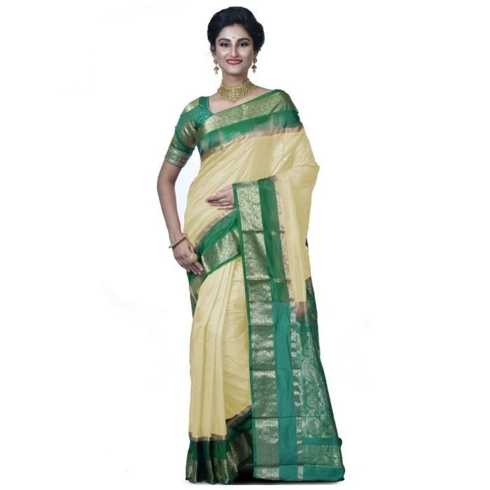 Off White With Green Contrast Bentex Border Silk Traditional Kanchipuram Pure Silk Saree