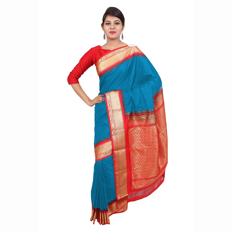 Blue with Red Pallu Handwoven Pure Bangalore Silk Kadiyal Saree with Silk Mark