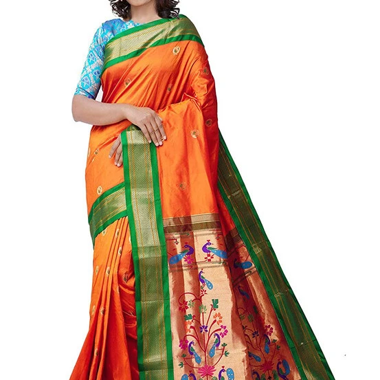 Paithani Pure Silk  in Orange with Green Contrast Border Meena Butta Saree with Silk Mark