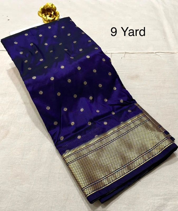 Navy Blue Self Border Paithani Pure Silk Saree with Meena Butta weaving and traditional zari border