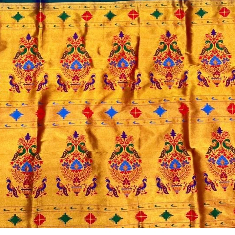 Dual Tone Teal-Green Pure Silk Paithani Saree with Gold Lotus Buti & Vibrant Red Zari Border