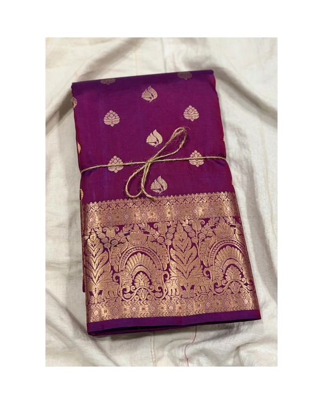 Royal Purple with Gold Zari Kanchipuram Pure Silk Handloom Saree Silk Mark with Blouse - FabFashionz