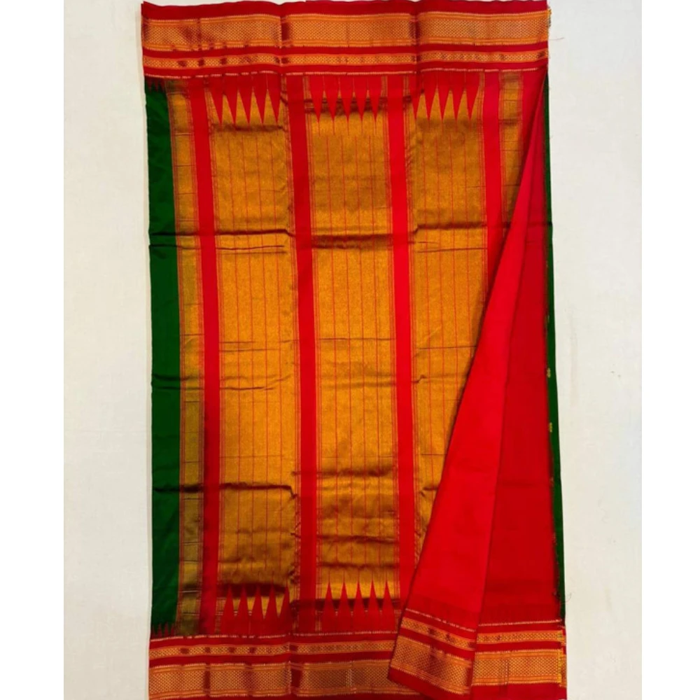 Dark Green pure Ilkaal Butta saree with Red zari contrast border and traditional gold motifs