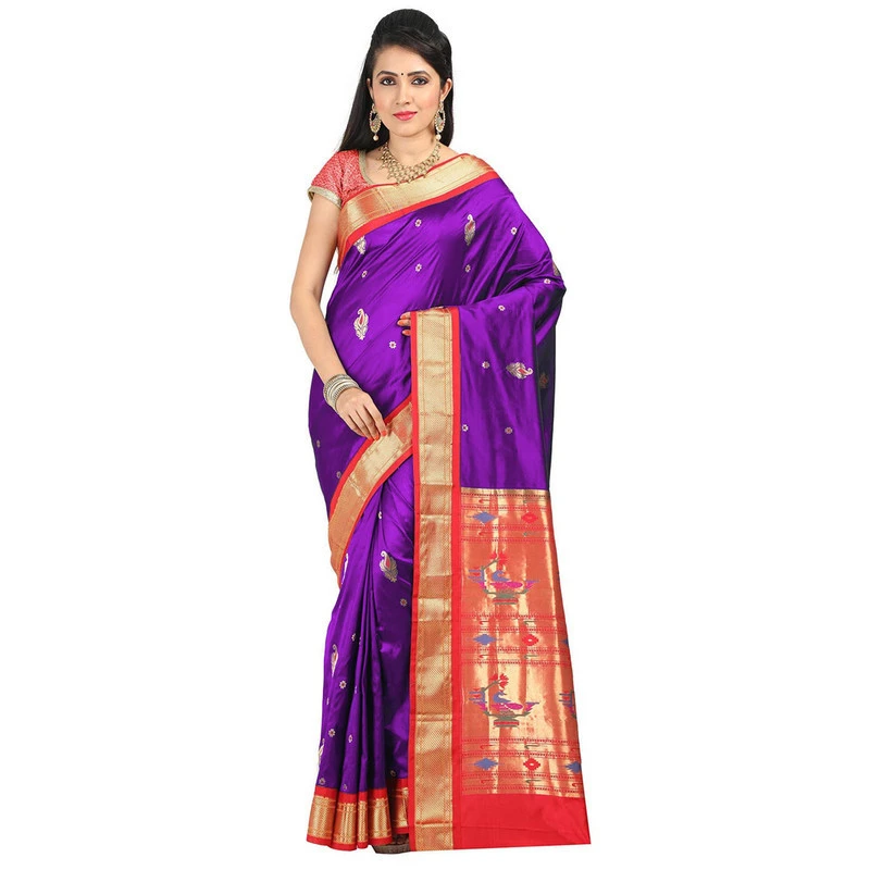 Paithani Pure Silk Magenta Purple and Red Border Meena Butta Saree with Silk Mark