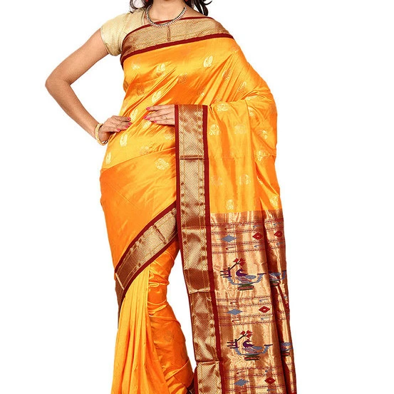 Paithani Pure Silk in Golden Orange with Red Contrast Border Meena Butta Saree with Silk Mark