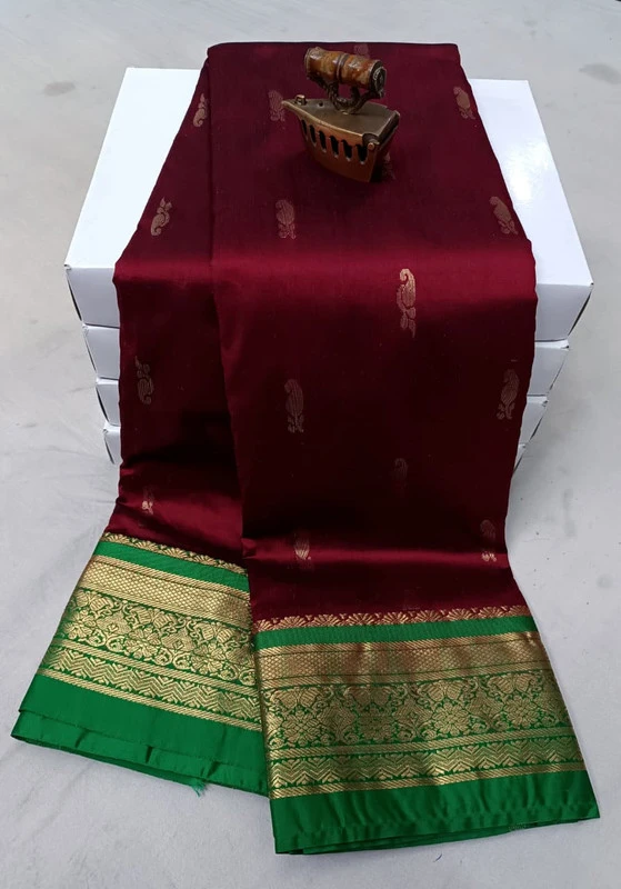 Marron with Green Contrast traditional silk saree with zari border for festive and wedding wear