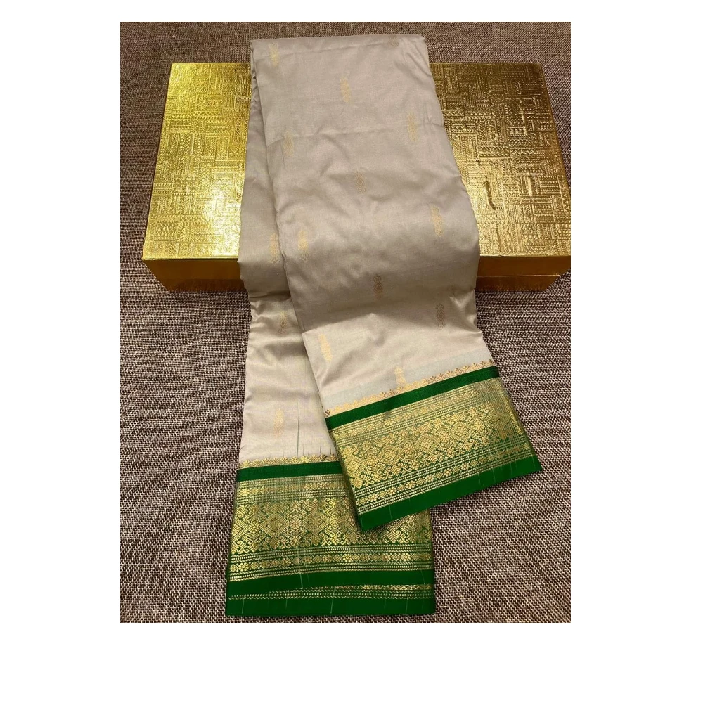 Kanchipuram Pure Silk Saree Chikku with Green Border
