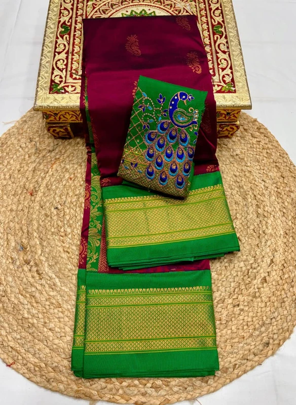 Maroon & Green Semi Silk Paithani Saree with Peacock Embroidery Blouse