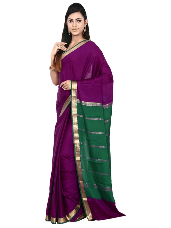 Purple with Green  Coloured Pure Mysore Silk Handwoven saree