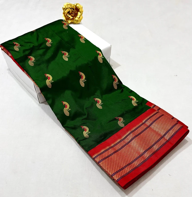 Deep Bottle Green Semi Silk Paithani Saree with Peacock Embroidery Blouse & Red Zari Border