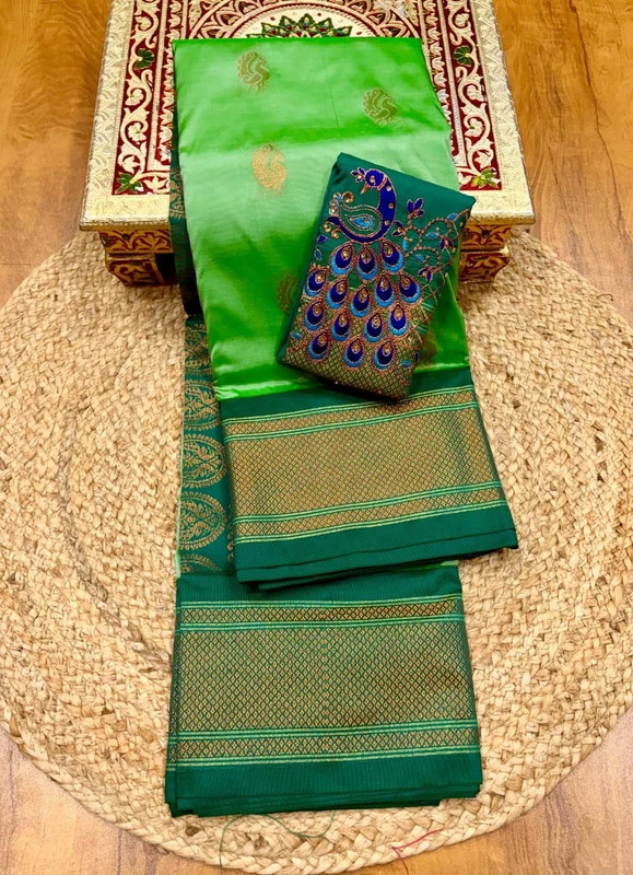 Heritage Sneha Green and Green Semi Silk Paithani Saree with Peacock Embroidery Designer Blouse