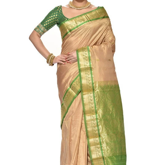 Traditional Kanchipuram Pure Silk Saree in Chikku with Green Pink Contrast 