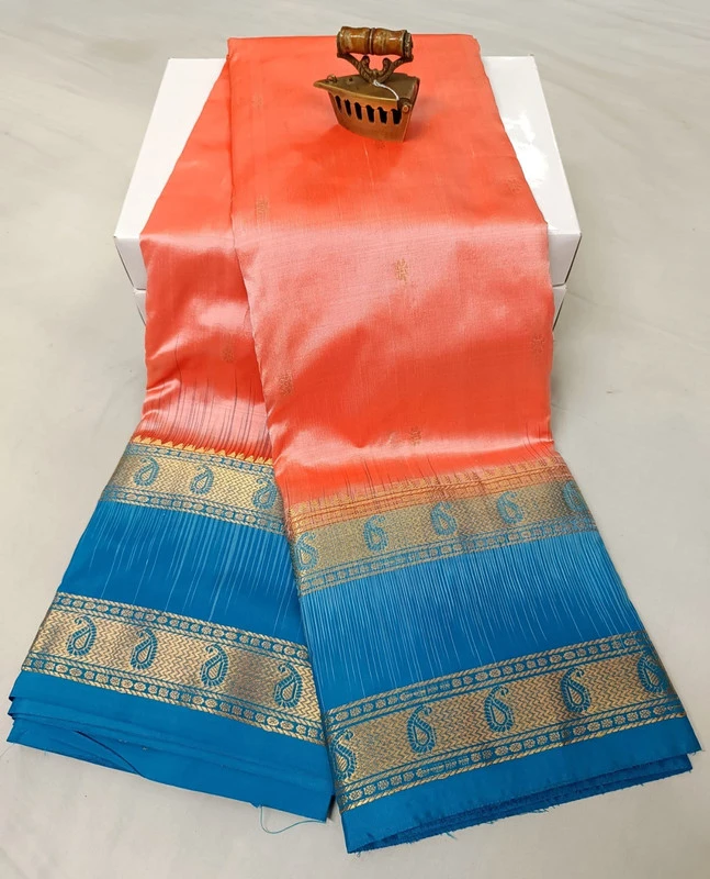 Peach and Blue Kanchipuram silk saree with Bentex border and golden motifs