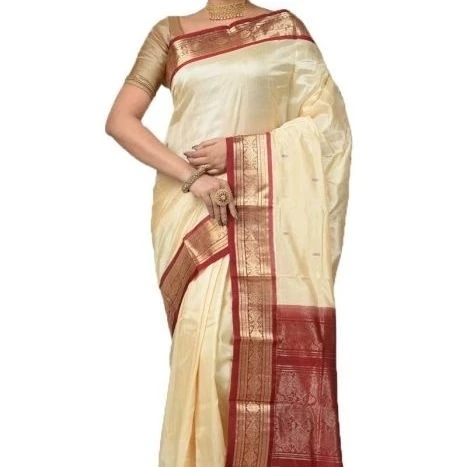 Traditional Kanchipuram Pure Silk Saree in Green with Orange Contrast 