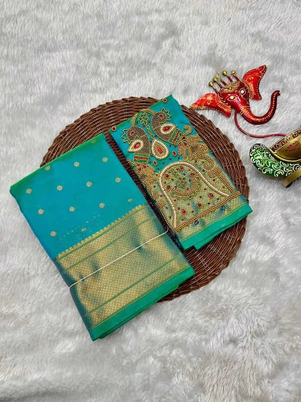 Heritage Self Rama Green Semi Silk Paithani Saree with Peacock Embroidery Designer Blouse