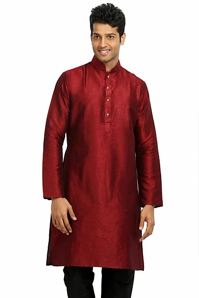 Marron Dupion Silk Mens Kurtha with White Pajama