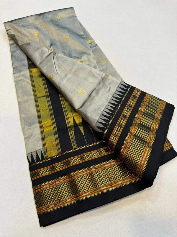 Metallic Grey and Black  Border - Traditional Handwoven Ilkaal Butta Saree
