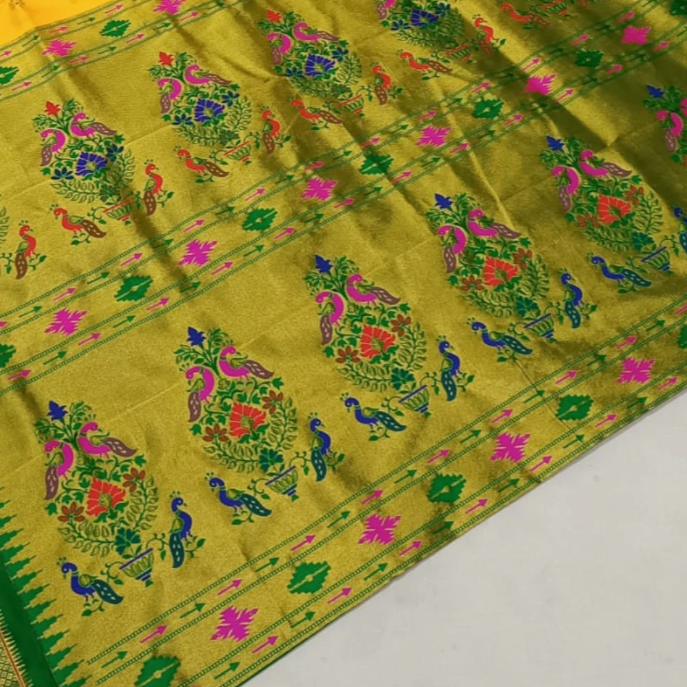 Royal Blue with Green Border Variant Paithani Pure Silk Saree with Meena Butta weaving and traditional zari border