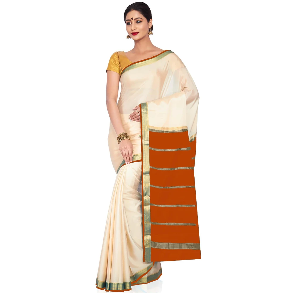 Tussar Cream with Orange Contrast Onam Special Pure Mysore Silk Handwoven saree