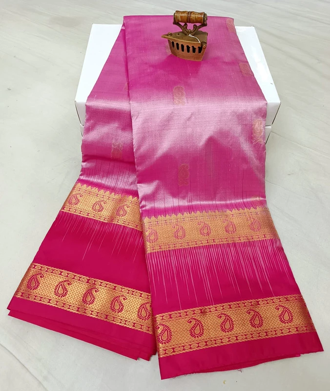 Peach Pink with Rani Border Kanchipuram silk saree with Bentex border and golden motifs