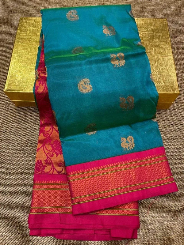 Deep Blue Semi Silk Paithani Saree with Peacock Embroidery Blouse
