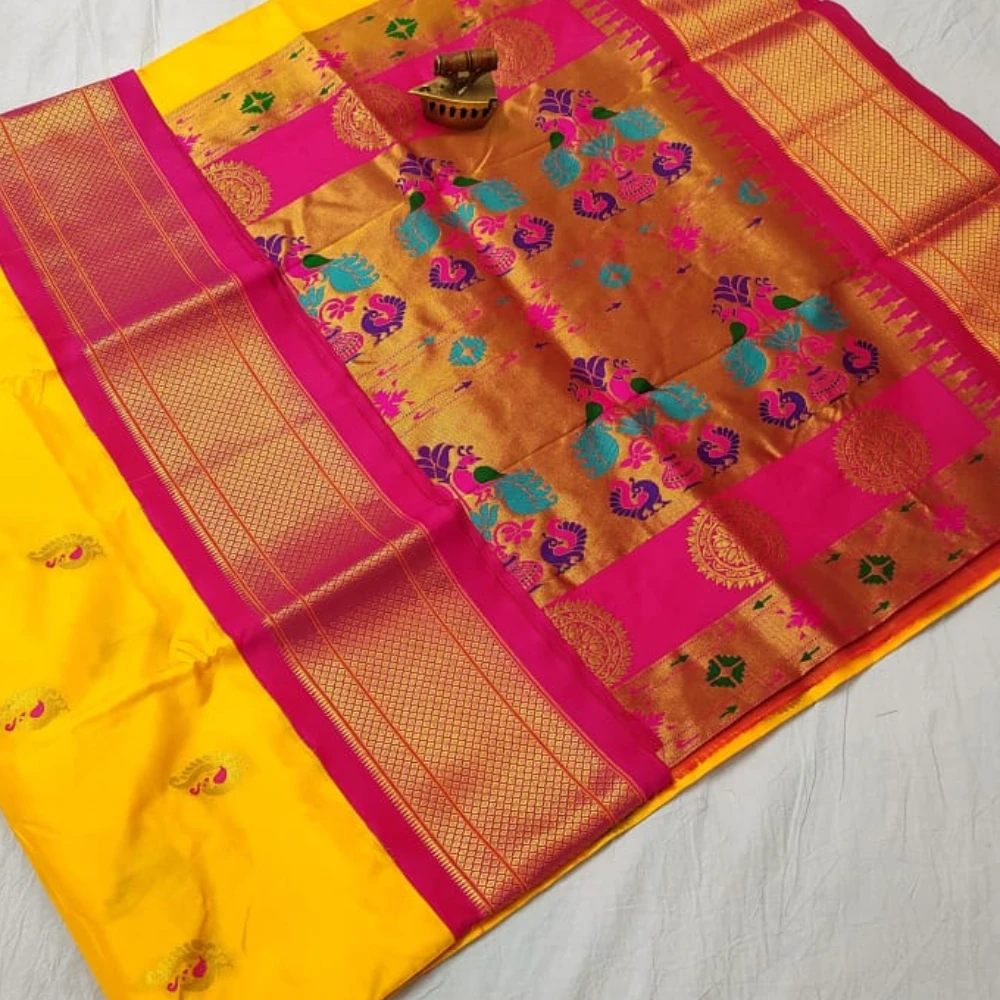 Yellow Pure Silk Paithani Saree featuring luxurious silk fabric, rich zari woven borders, elegant traditional motifs