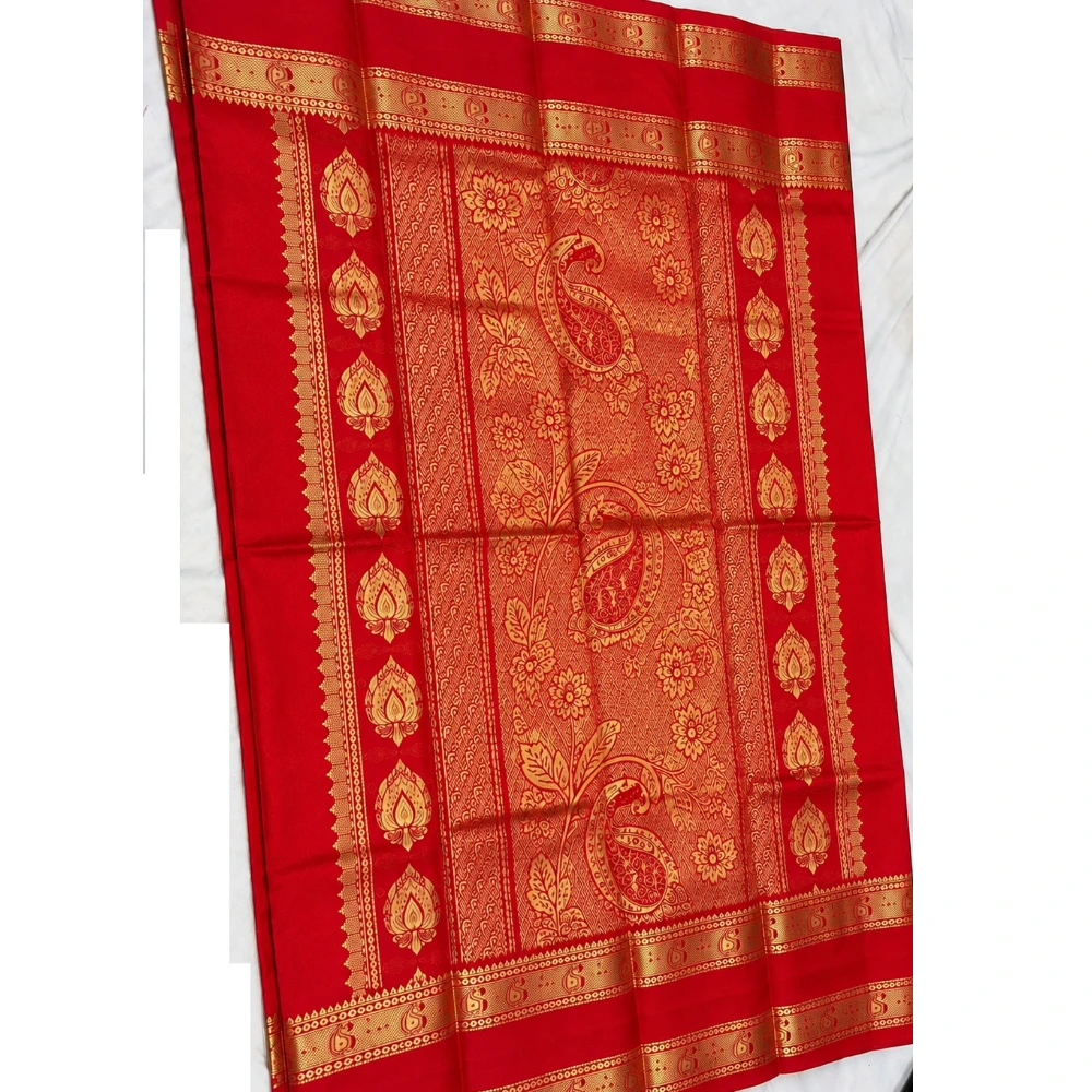 Yellow-green Kanchipuram silk saree with red and gold Bentex border.