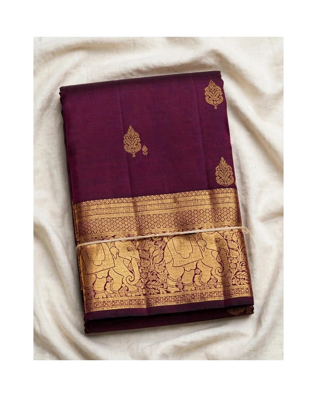 Deep Wine Purple with Grand Border Kanchipuram Pure Silk Handloom Saree Silk Mark with Blouse - FabFashionz