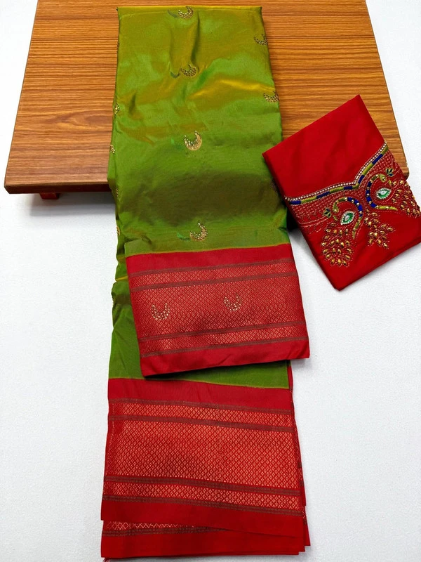 Green wth Red Border Semi Silk Paithani Saree with Peacock Embroidery Blouse
