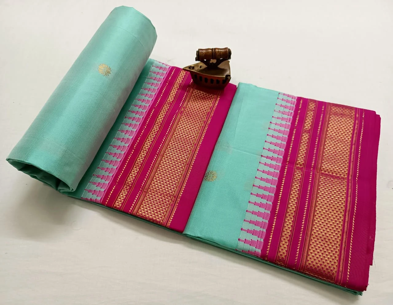 Sky Blue Ilkaal Butta pure silk saree with zari border and traditional woven patterns