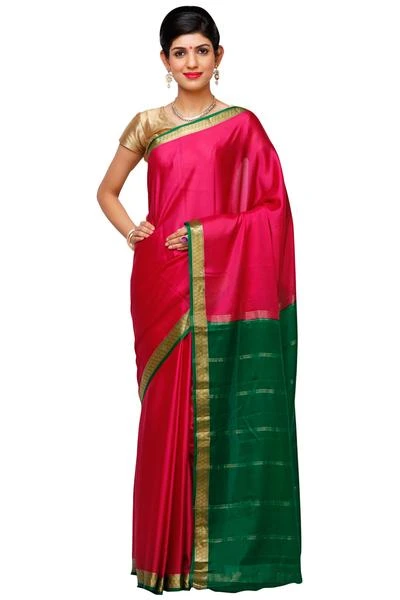 Rani Pink with Green Self Coloured  Handwoven Pure Mysore Silk saree