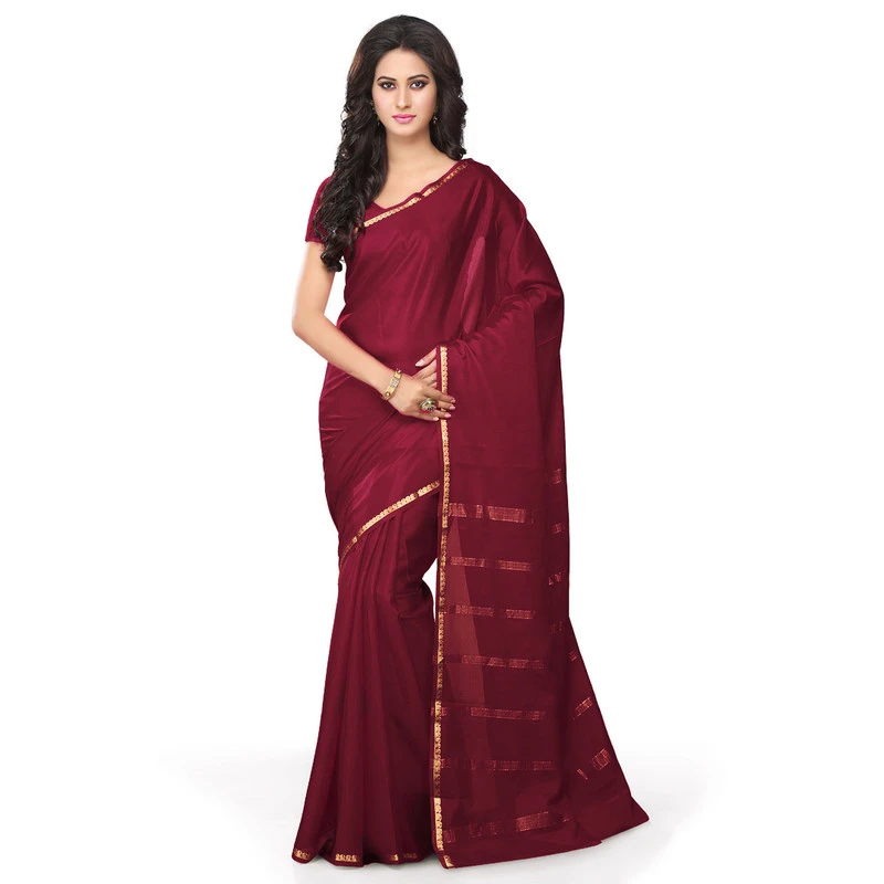 Woven Dark Marron Colour Pure Mysore Silk Mango Border Saree with Silk Mark