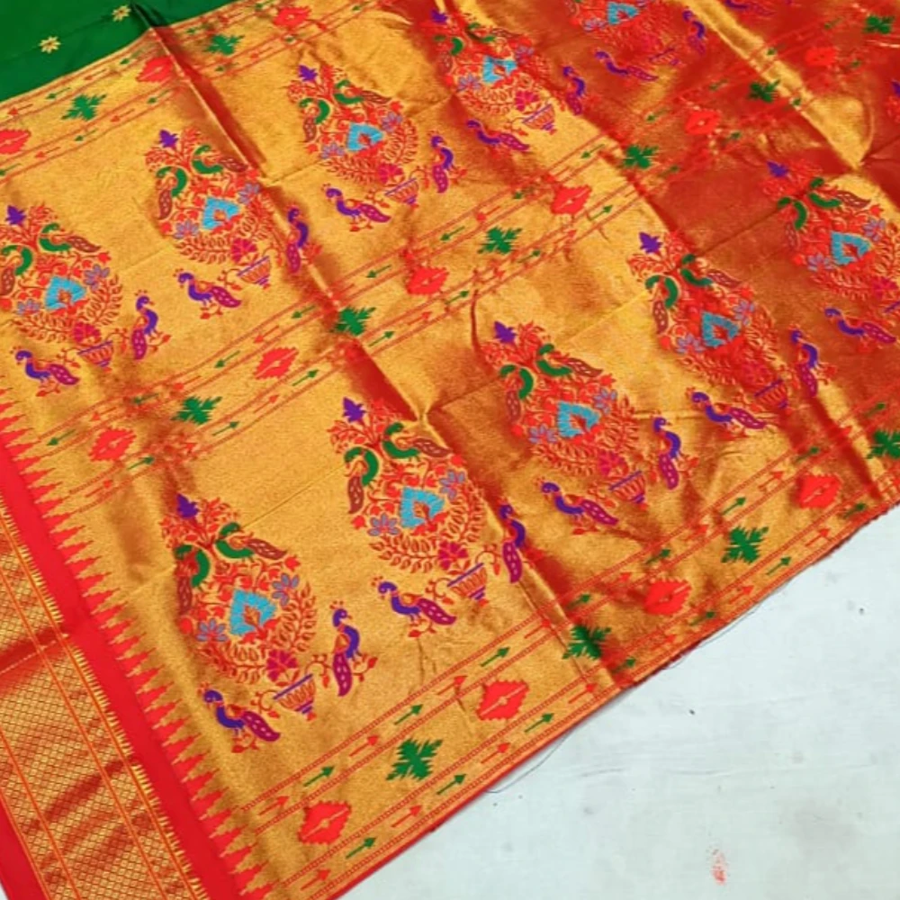 Teal Blue with Red Border Paithani Pure Silk Saree with Meena Butta weaving and traditional zari border