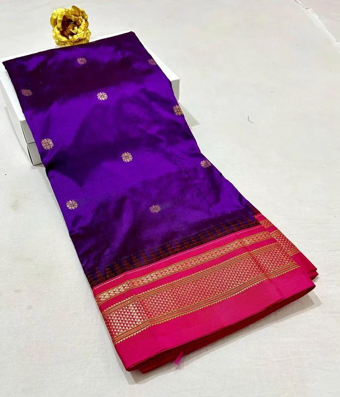 Deep Purple pure Ilkaal Butta saree with Pink zari contrast border and traditional gold motifs