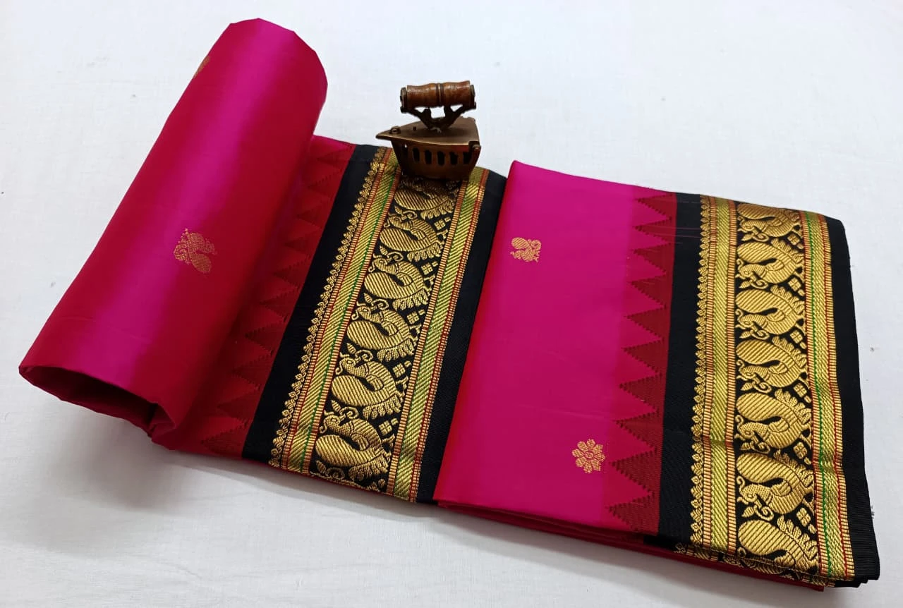 Rani Wine with Contrast Border Gadwal traditional silk saree with zari border for festive and wedding occasions