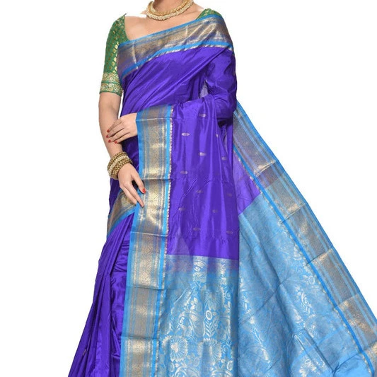 Traditional Kanchipuram Pure Silk Saree in Royal Blue with Ananda Contrast 