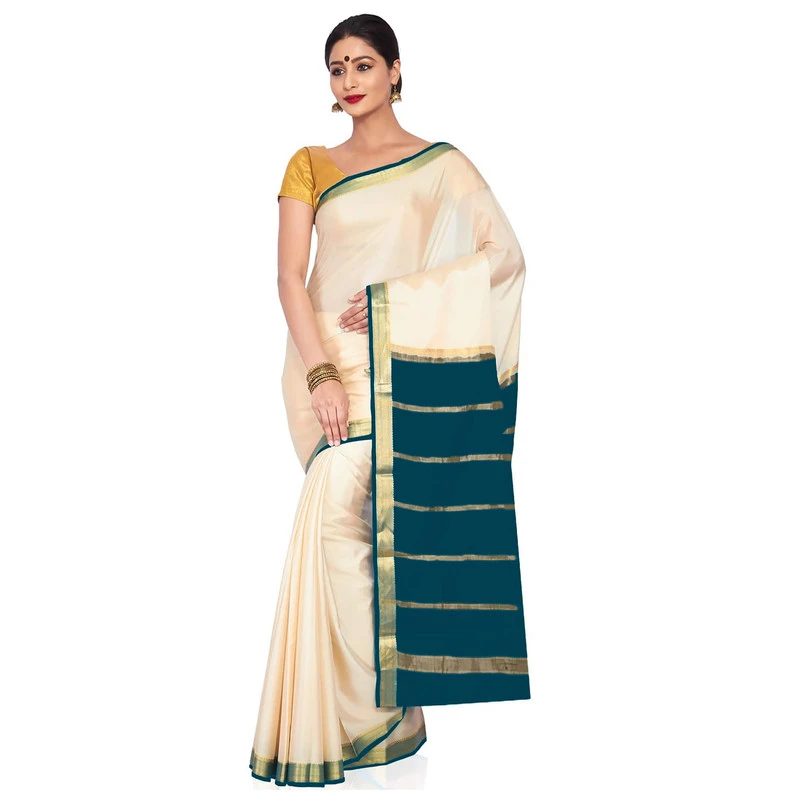 Tussar Cream with Rama Green Contrast Onam Special Pure Mysore Silk Handwoven saree