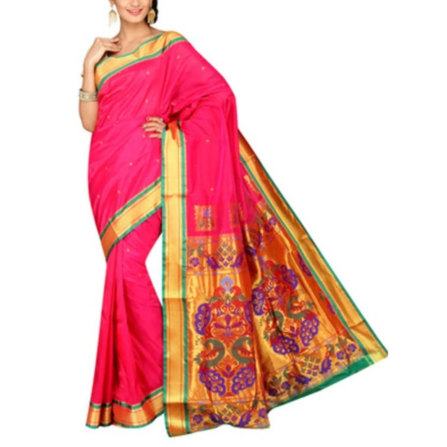 Rani Pink and Green Kadiyal Variety Woven Paithani Art Silk Saree