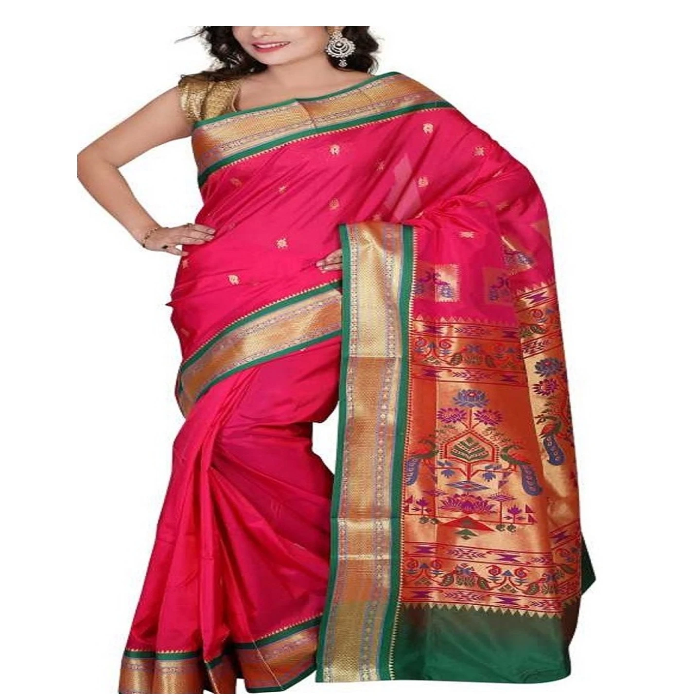 Rani Pink and Green Border Kadiyal Variety Woven Paithani Art Silk Saree