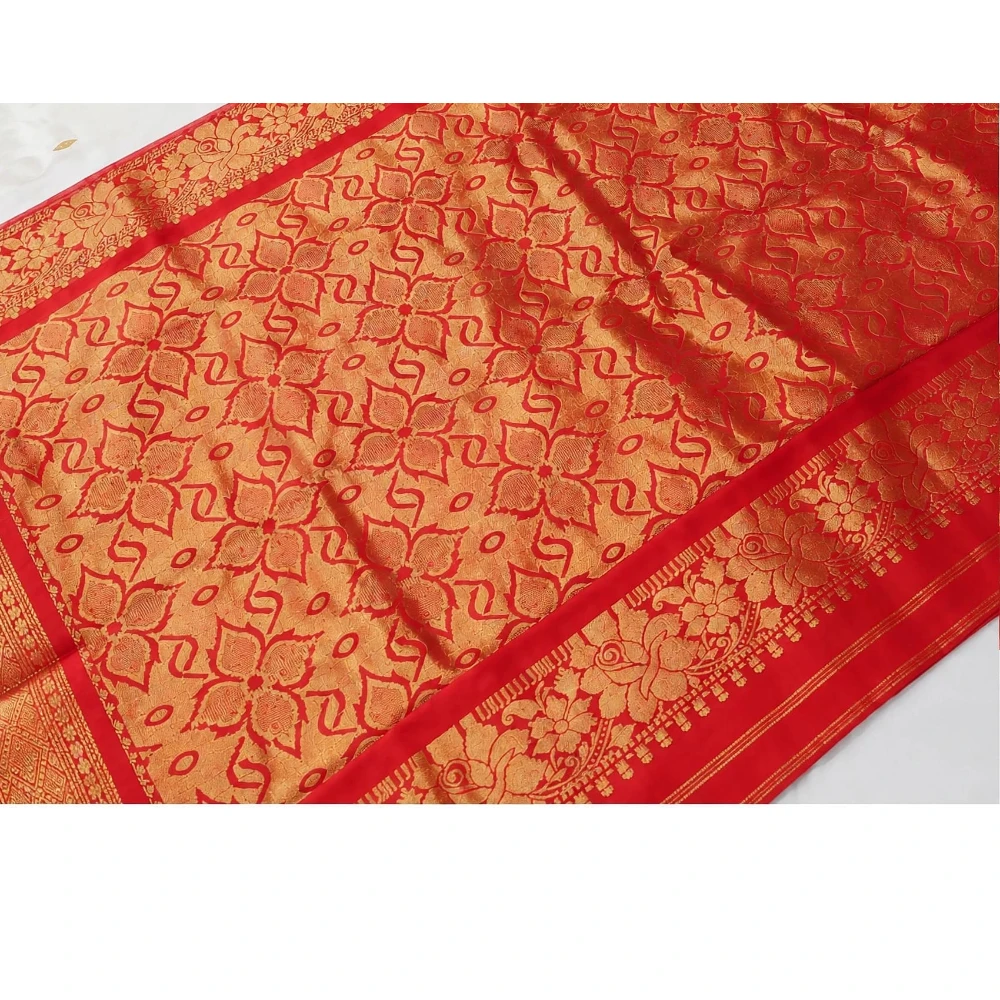 Golden Yellow with Red Contrast traditional silk saree with zari border for festive and wedding wear