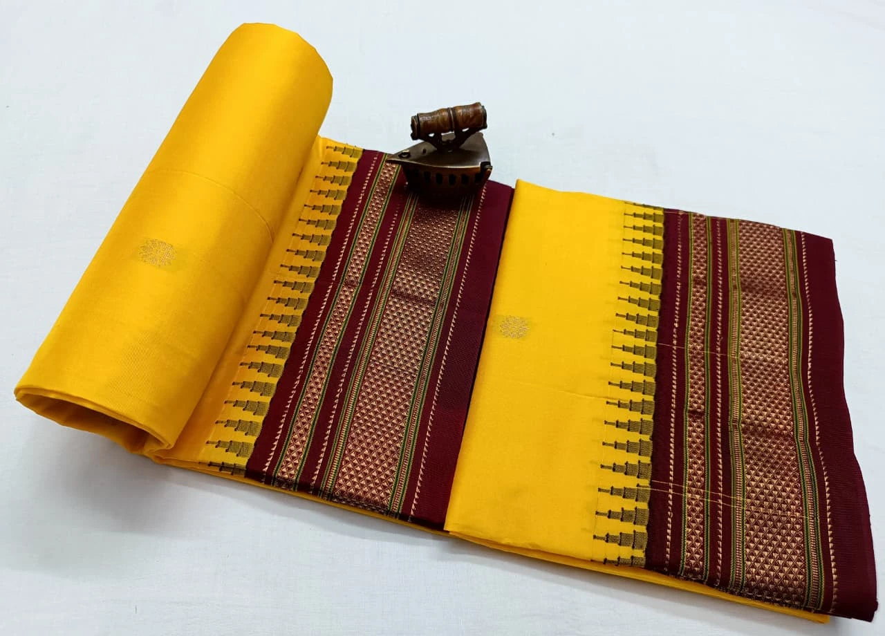 Yellow Ilkaal Butta pure silk saree with zari border and traditional weaving