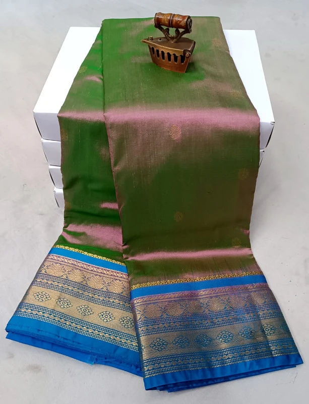 Metallic with Ananda Blue Border traditional silk saree with zari border for festive and wedding occasions