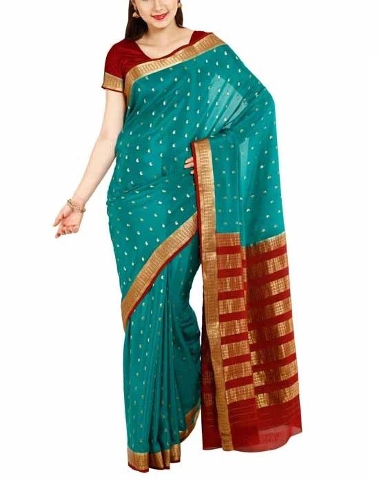 Vivid Pure Mysore Silk Saree in Turquoise with Vibrant Contrast Zari Border