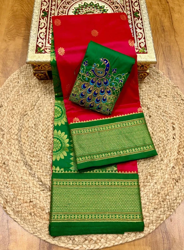 Red and Green Semi Silk Paithani Saree with Peacock Embroidery Designer Blouse