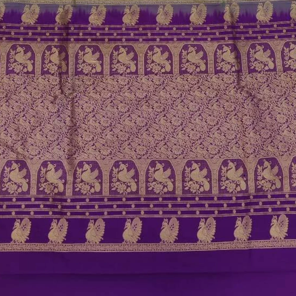 Gold with Violet Contrast Gadwal traditional silk saree with zari border for festive and wedding occasions
