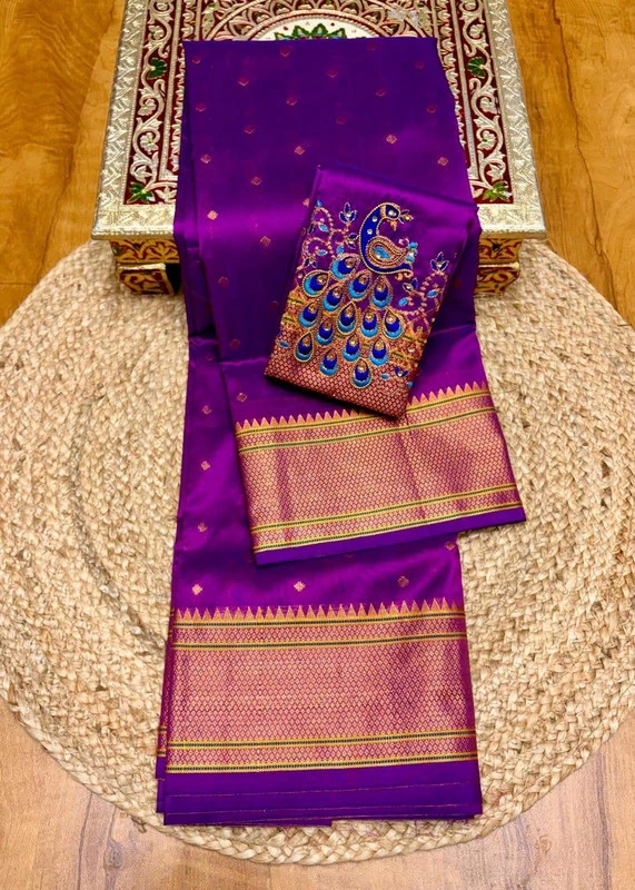 Bright Majenta Self Semi Silk Paithani Saree with Peacock Embroidery Designer Blouse