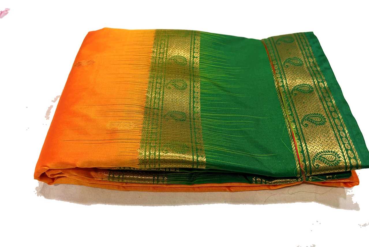Exclusive Kanchipuram Pure Silk Saree with Pure Silk Blouse - Orange & Green